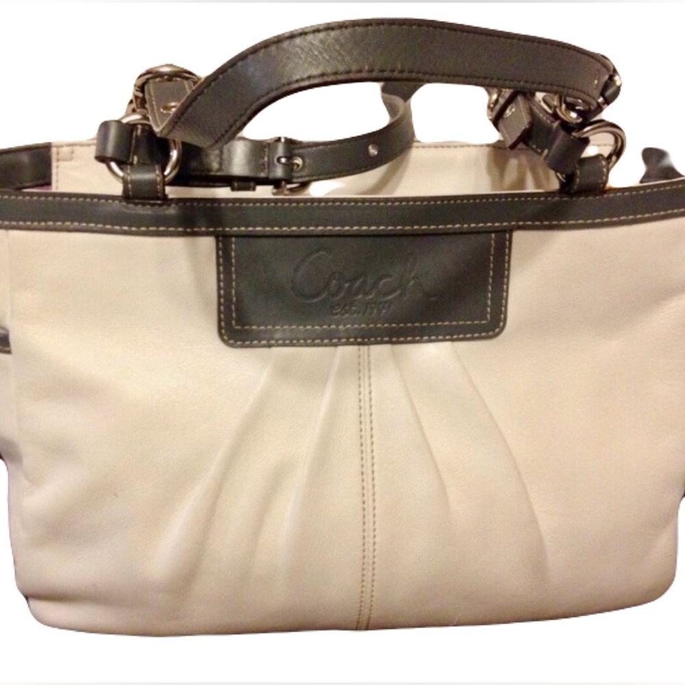 White Gray Coach Leather Pleated Tote Bag